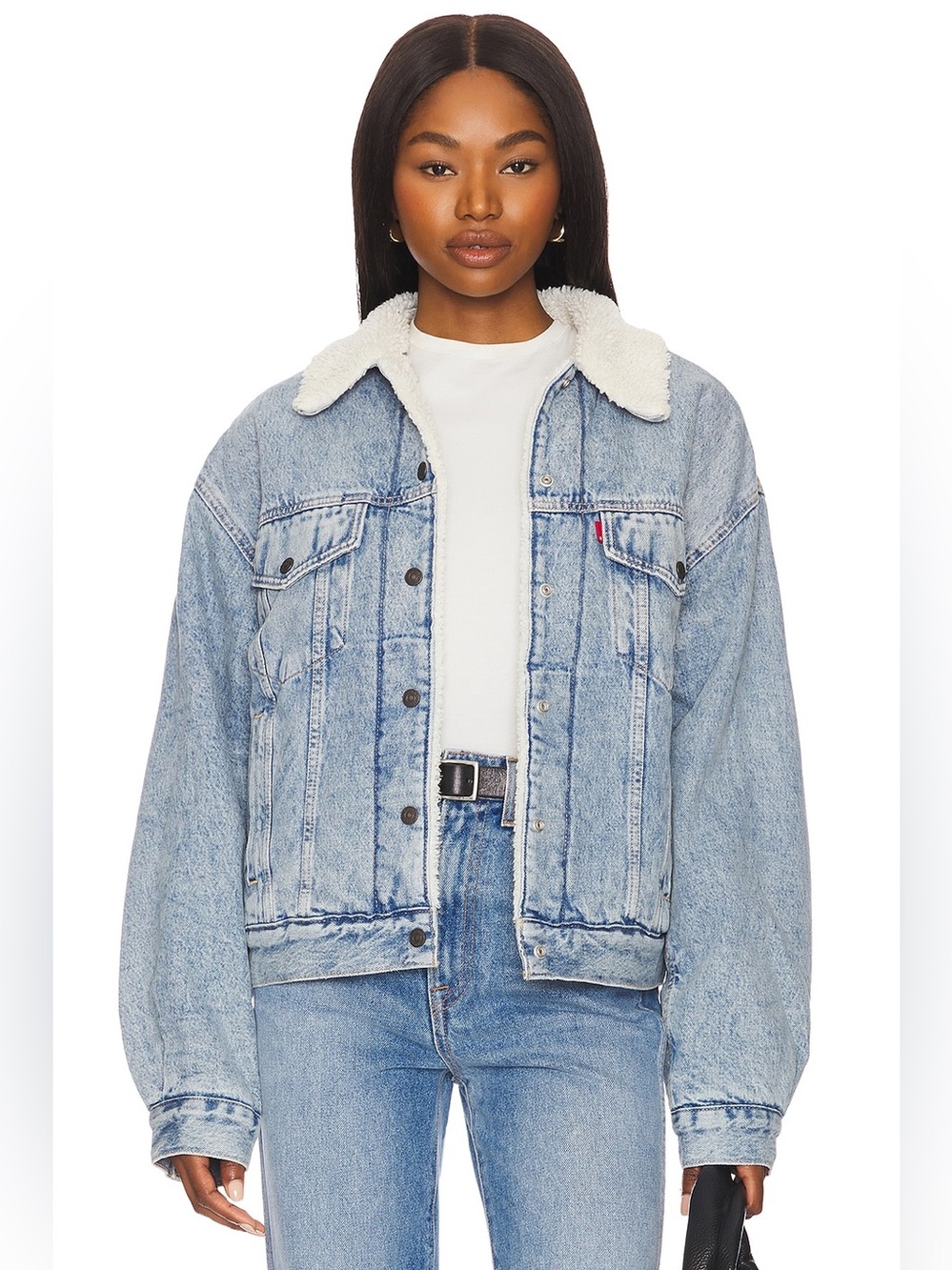 Levi’s Sherpa Trucker Jacket Light Wash Denim Faux Fur Lined Size L